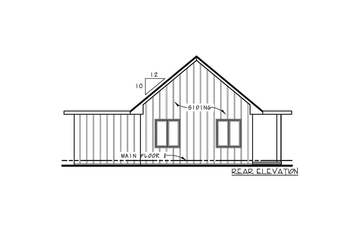 Rear elevation house plan showing a gabled roof, vertical siding, two windows, and a covered porch area.