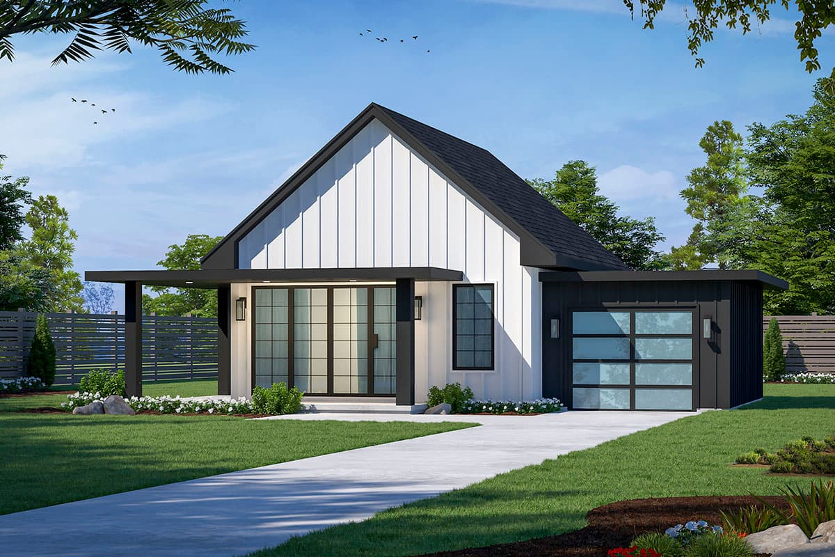 House plan exterior. Modern farmhouse style with a single story, gable roof, covered porch, and attached garage with glass panel door.