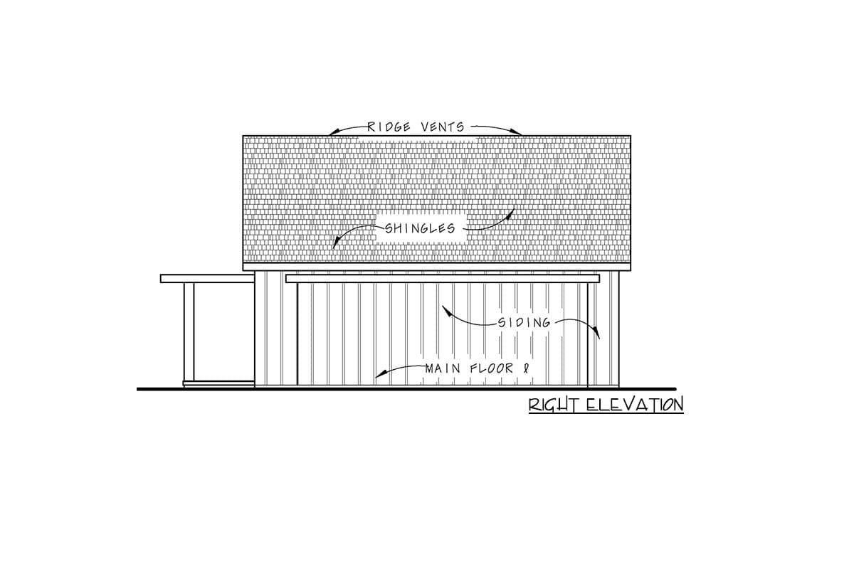 Right elevation of a house plan showing shingles on the roof, ridge vents, and vertical siding on the main floor.