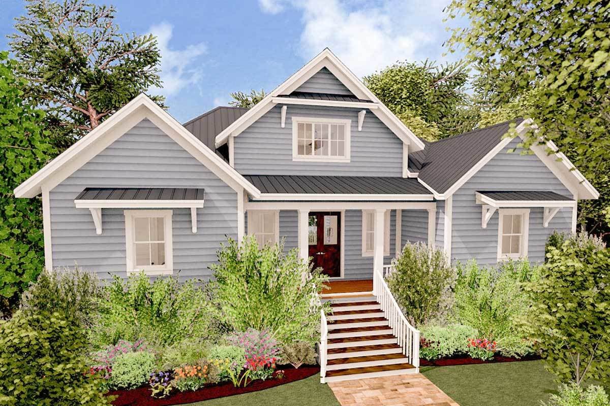 House plan exterior featuring Craftsman style, two stories, front porch, gables, and a dark roof. Landscaping includes pathway and flower beds.