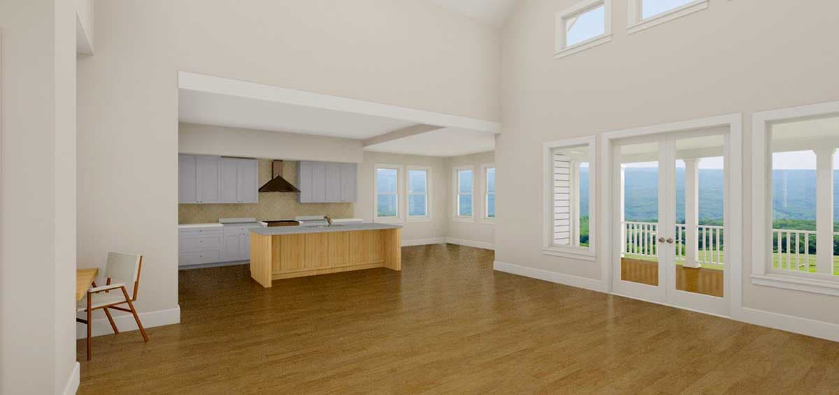 Interior rendering: Open concept living area with a kitchen island, vaulted ceiling, and large windows overlooking a scenic view.