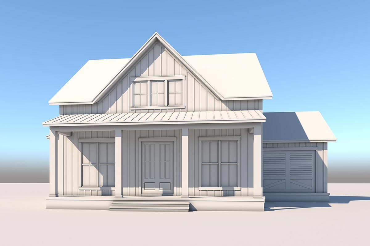 House plan exterior: Modern Farmhouse style, one-story with gabled dormer, covered front porch, and attached garage.