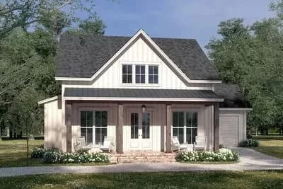 Small Two-Bedroom Farmhouse Plan with 6'-Deep Front Porch - 1263 Sq Ft