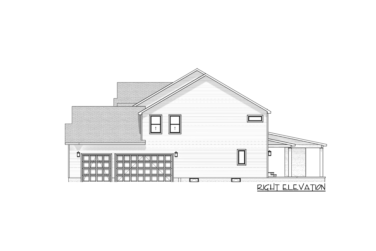 Right elevation house plan with two-car garage, varying rooflines, pitched roof, and covered porch.