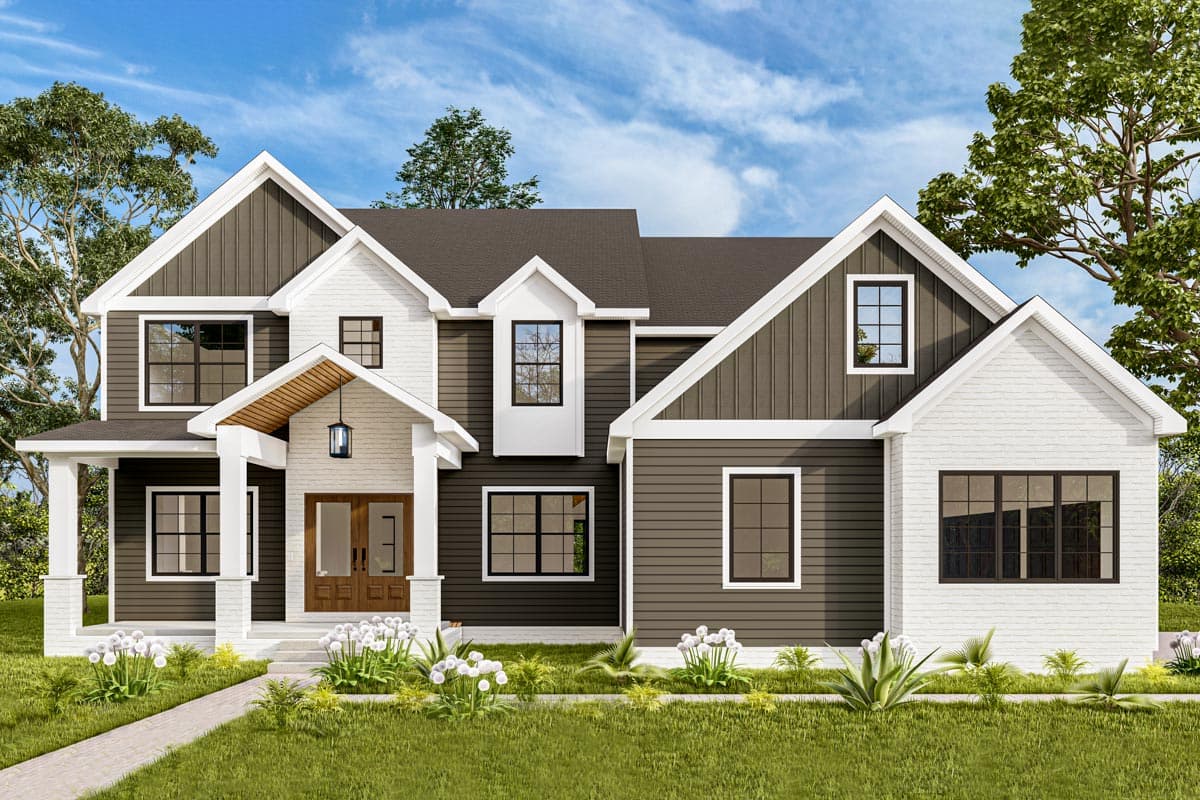 House plan exterior. Two-story Modern Farmhouse with gabled roof, covered entry porch, and board and batten siding.