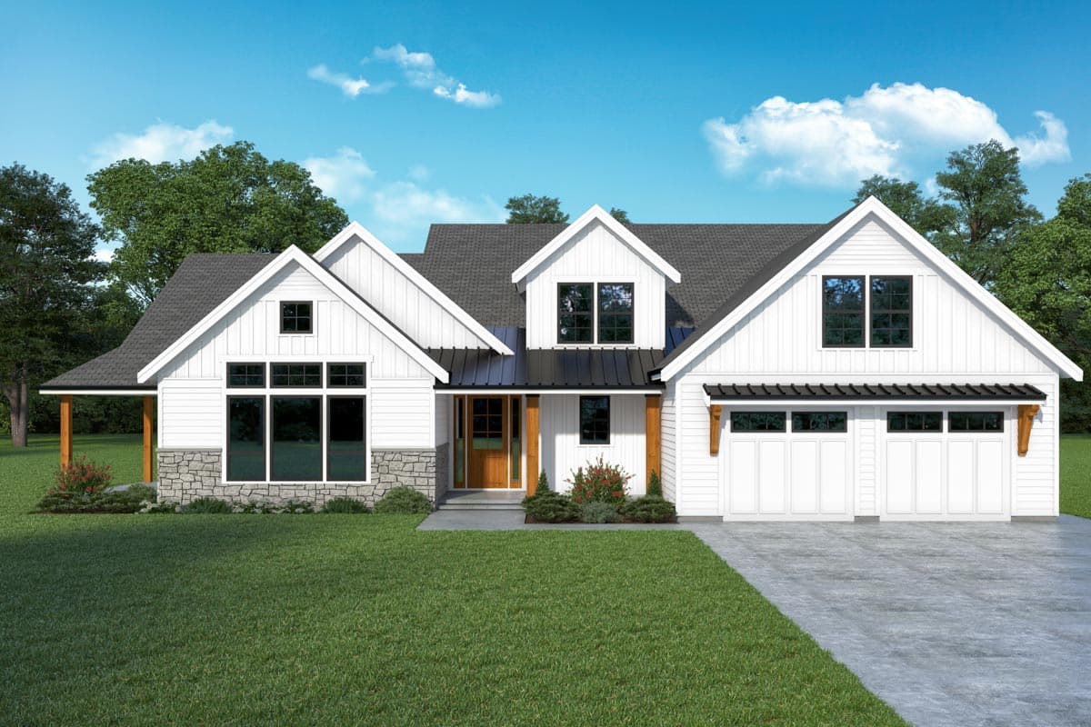 House plan exterior featuring a two-story Modern Farmhouse design. Includes gabled rooflines, a covered porch, and a two-car garage.