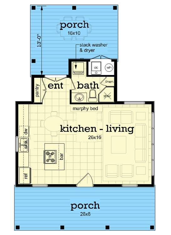 Plan 55220BR: 523 Square Foot Southern-style Cottage with Murphy Bed and Large Rear Porch - Floor Plan - Main Level - Cottage, Country, Southern, Vacation