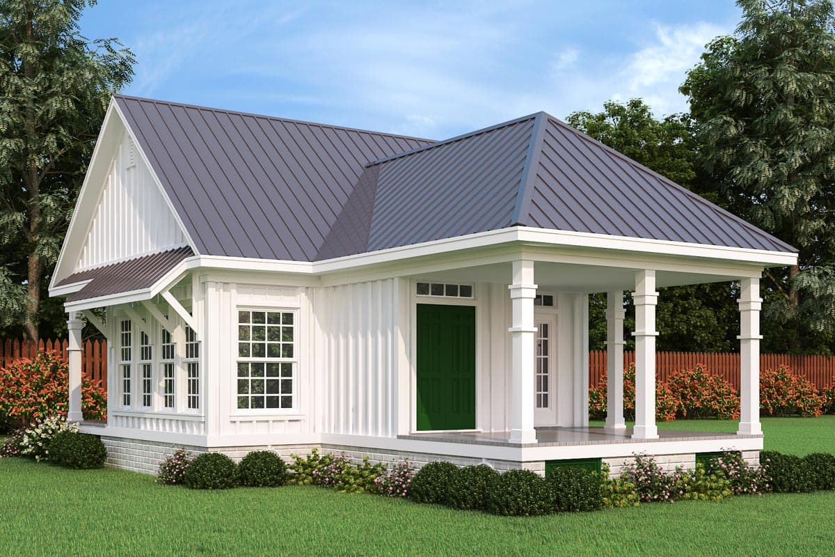 House plan exterior: white cottage-style home with metal roof, covered front porch with square columns, gables, and grid windows.