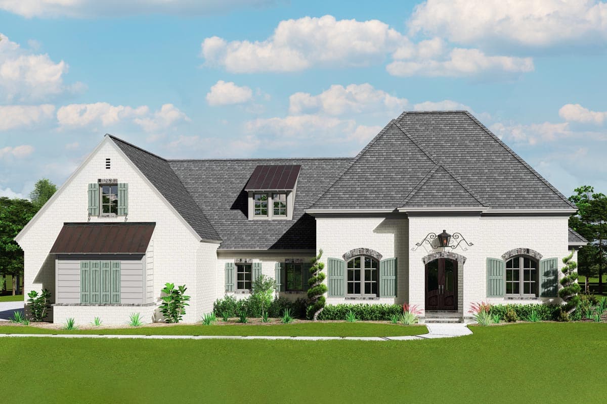 House plan exterior with brick facade, multi-gabled roof, arched windows, and a dormer. French Country style with a two-story design.