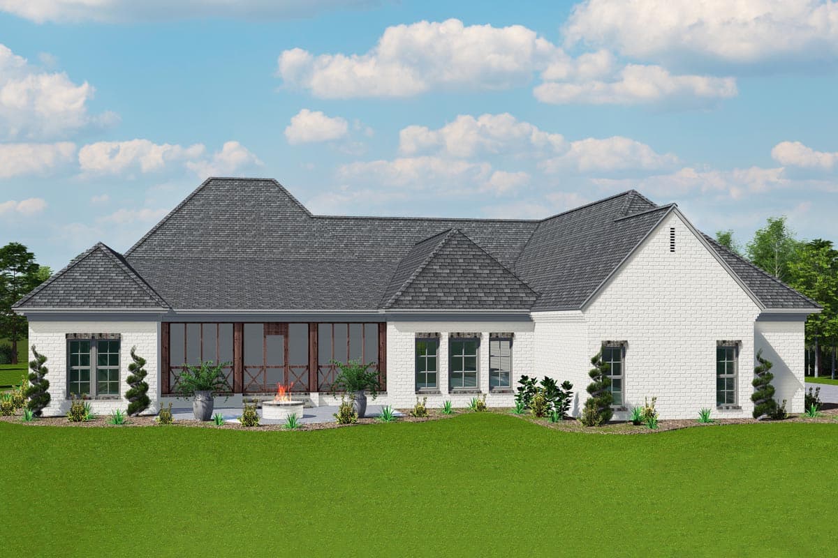 House plan exterior, one story, white brick, screened porch with columns, multiple gables, and a prominent roofline.
