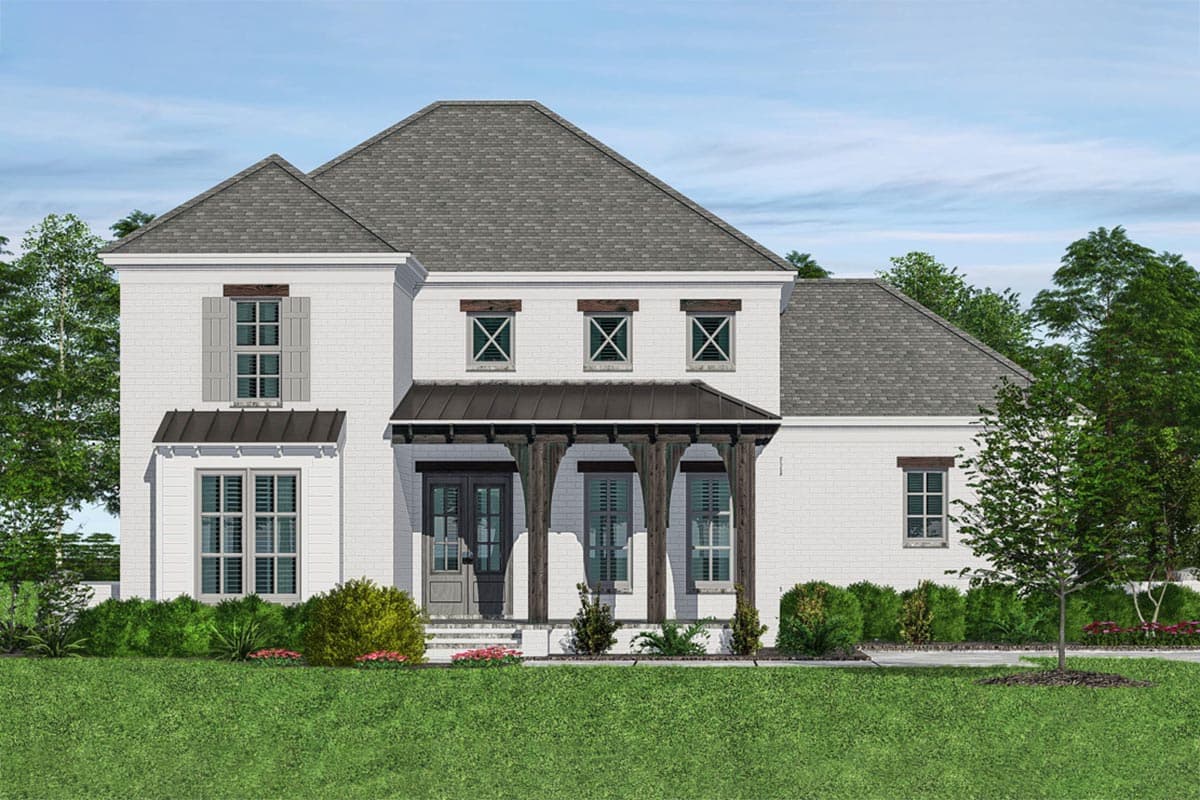 Two-story house plan exterior with a gabled roof, covered porch with wooden posts, and window shutters.