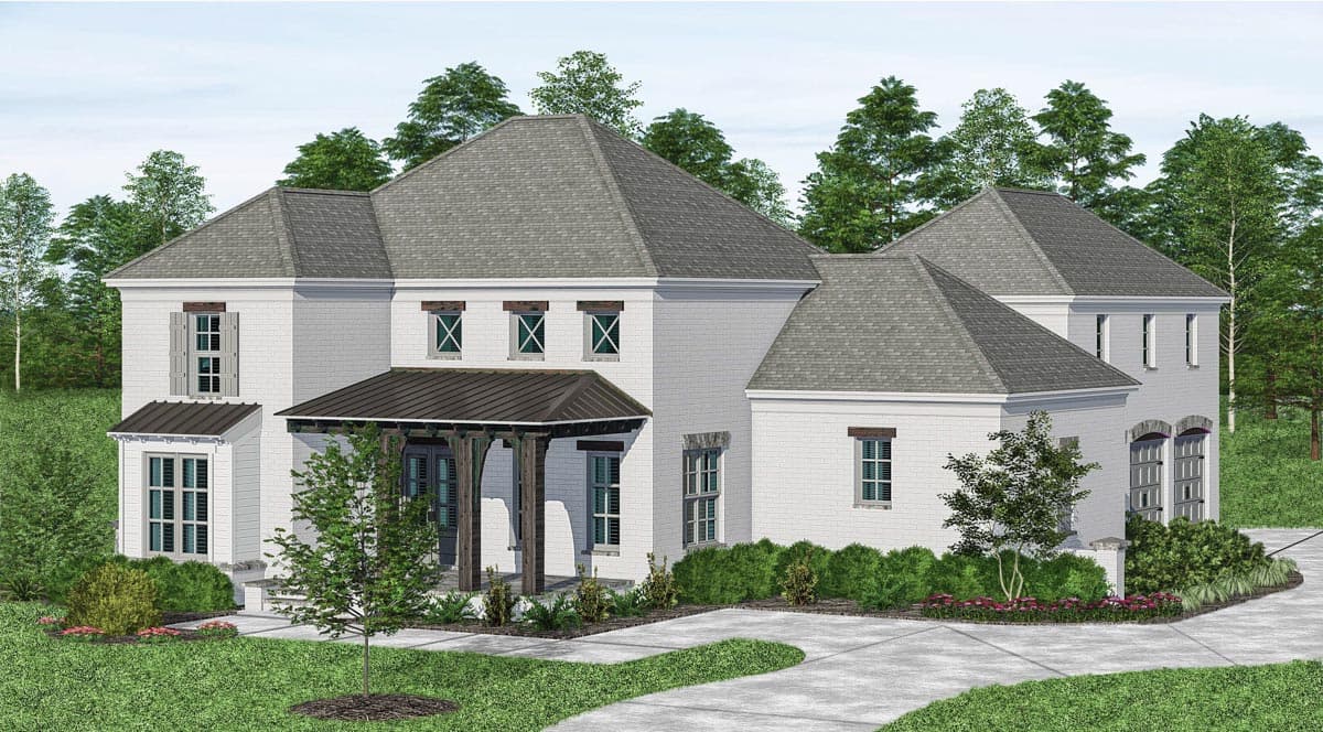 House plan exterior: Two-story brick home with gabled rooflines, a covered front porch with dark wood beams, and multiple dormer windows.