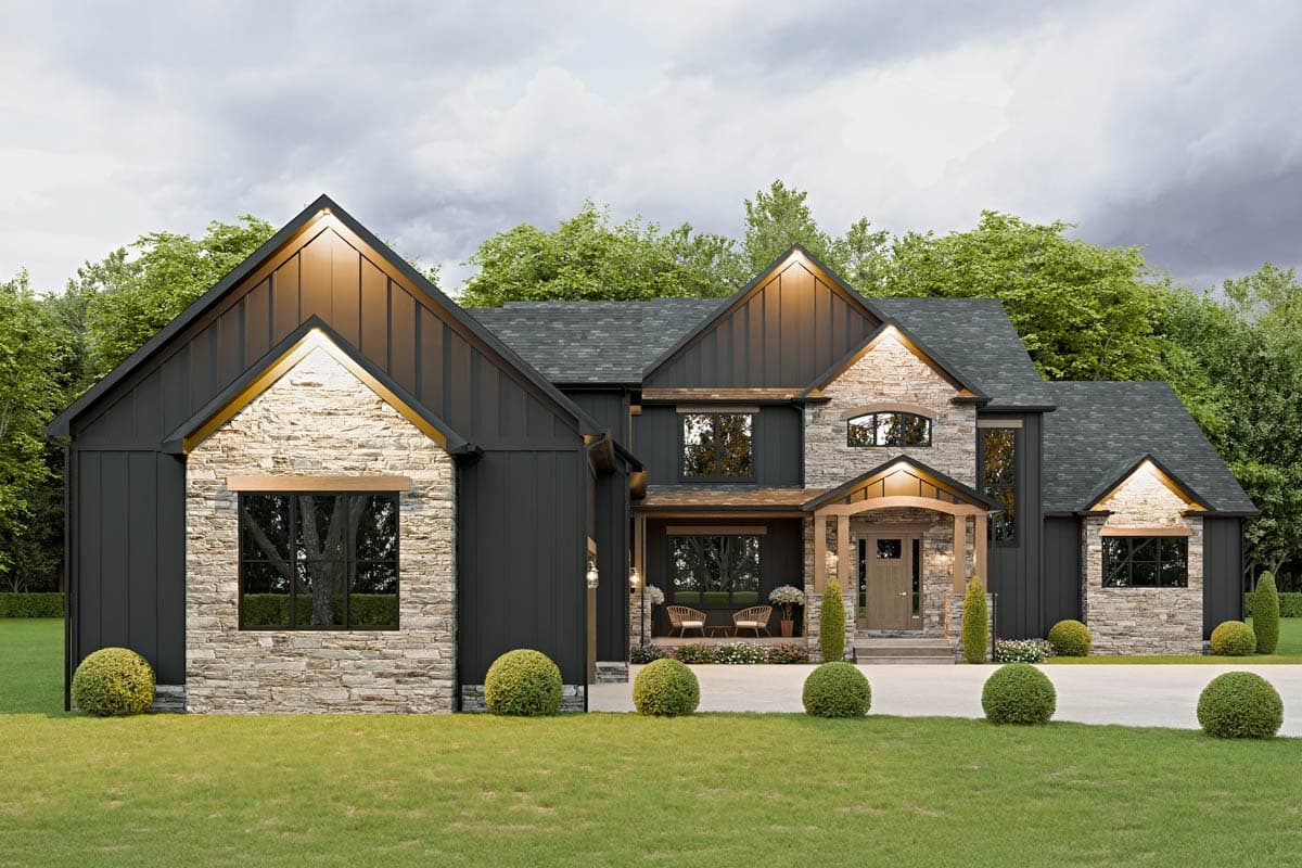 Modern Farmhouse house plan exterior with stone and vertical siding, gabled roofs, and covered entry porch.