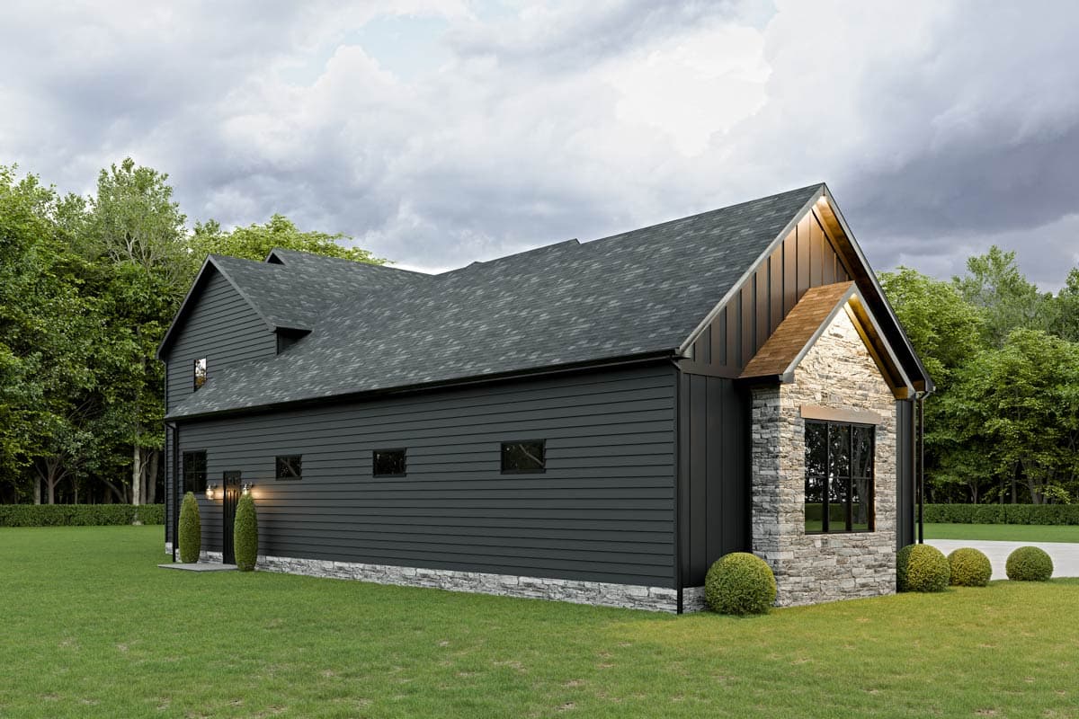 Modern house plan exterior with dark siding, stone accents, gable roof, and dormer.