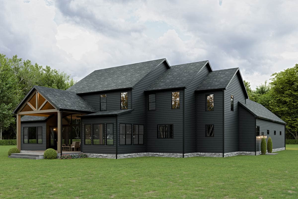 House plan exterior, two-story modern style with stone base, gabled roof, and exposed wood beams on covered porch.