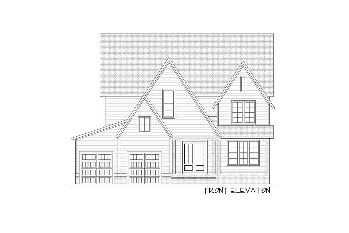 Front elevation house plan: Two-story home with a prominent gable, double front doors, and an attached two-car garage.