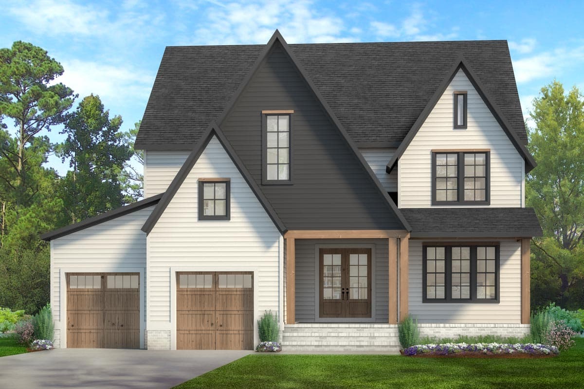 House plan exterior with a prominent gable roof, double garage, and covered porch with double doors.