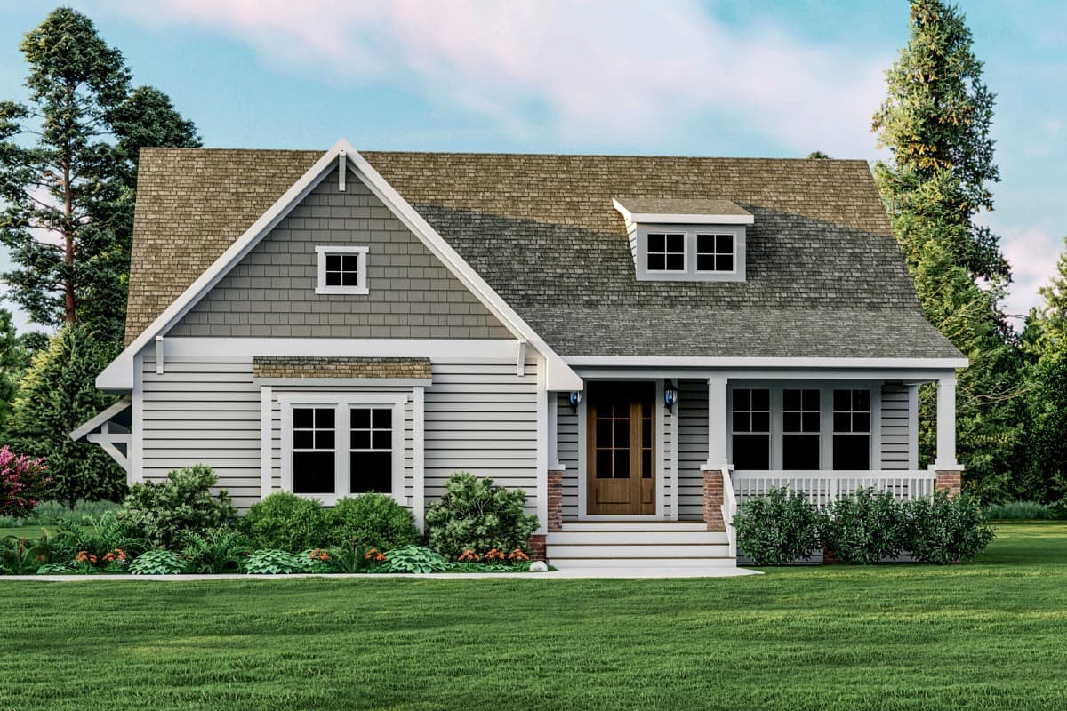 House plan exterior. Craftsman style, one story home with a front porch, gables, and dormer. Features include horizontal siding and a shingle roof.