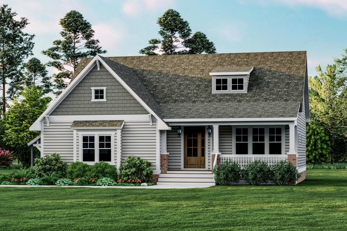 House plan exterior: Modern Farmhouse style, one story, with gabled dormer, front porch with white railing, and a prominent gable with shingle siding.
