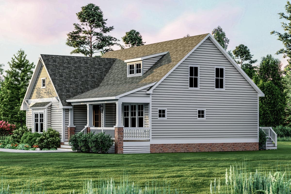 House plan exterior: Two-story home with a covered front porch, prominent gables, and dormer windows.