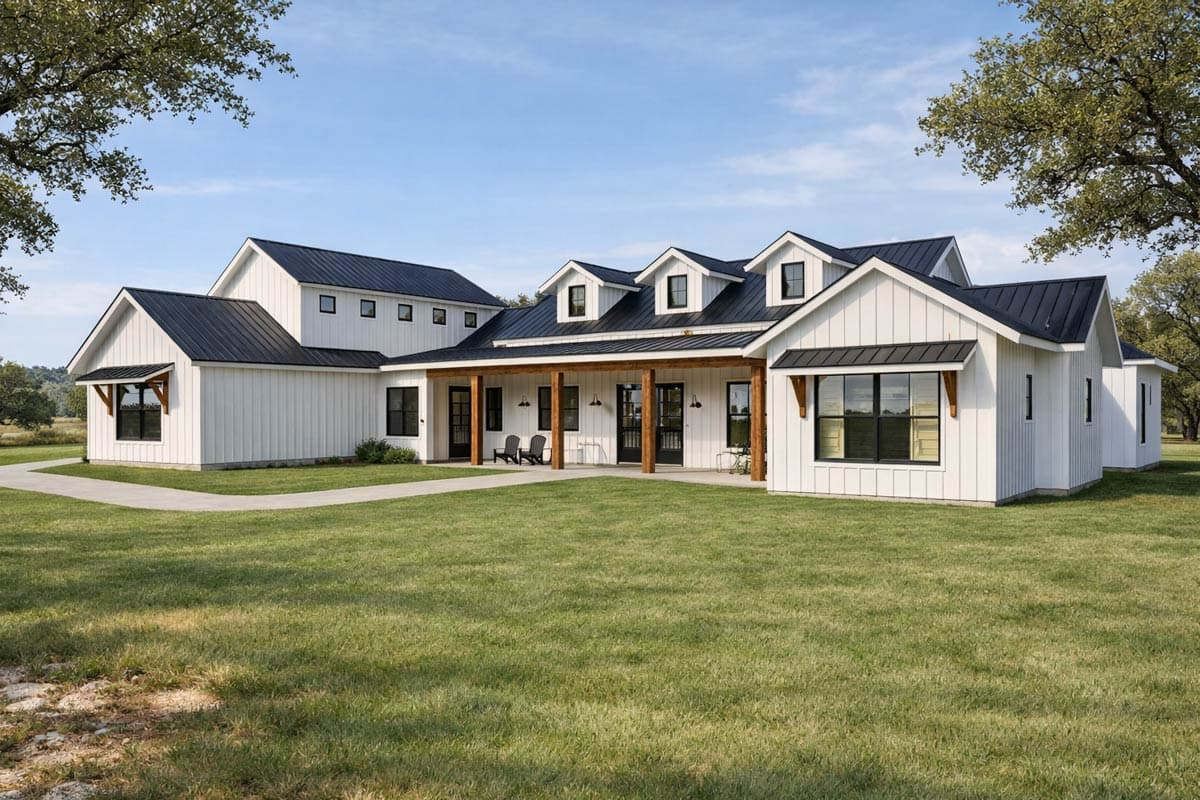 Modern Farmhouse exterior with white board and batten siding, black metal roof, and covered porch with wood columns.