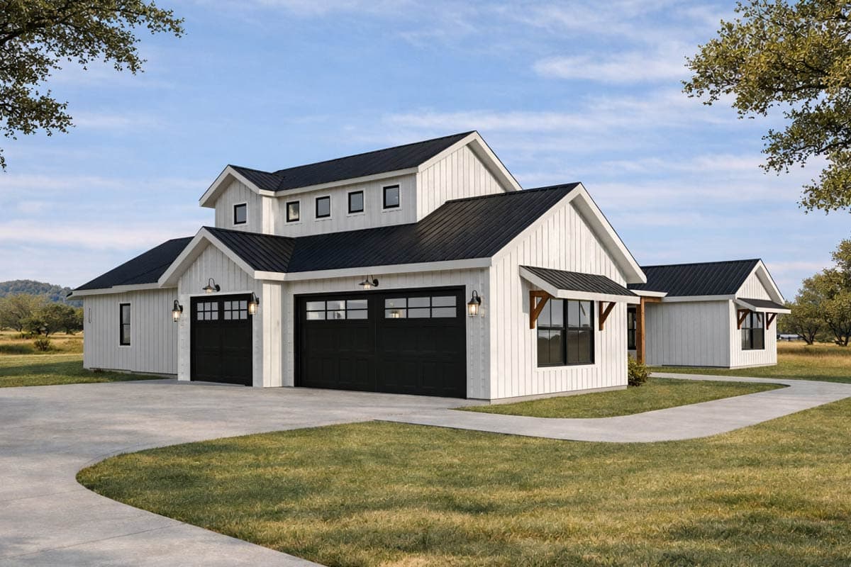 Modern Farmhouse house plan exterior with white board and batten siding, black metal roof, and a three-car garage.