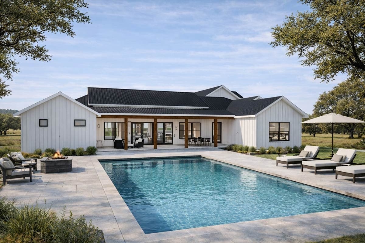 Modern Farmhouse house plan exterior with a pool and patio, featuring a gabled roof, board and batten siding, and a covered porch.