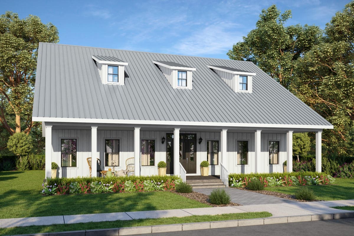 House plan exterior with Craftsman style. Features a front porch, dormers, and a metal roof. Two-story structure with symmetrical facade.