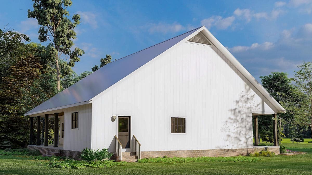 House plan exterior: Modern Farmhouse style, one story, metal gable roof, two porches with square columns, vertical siding.