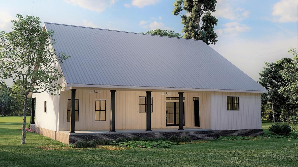 House plan exterior: Modern farmhouse style, one story, with a full-width covered porch supported by square columns and a metal gable roof.