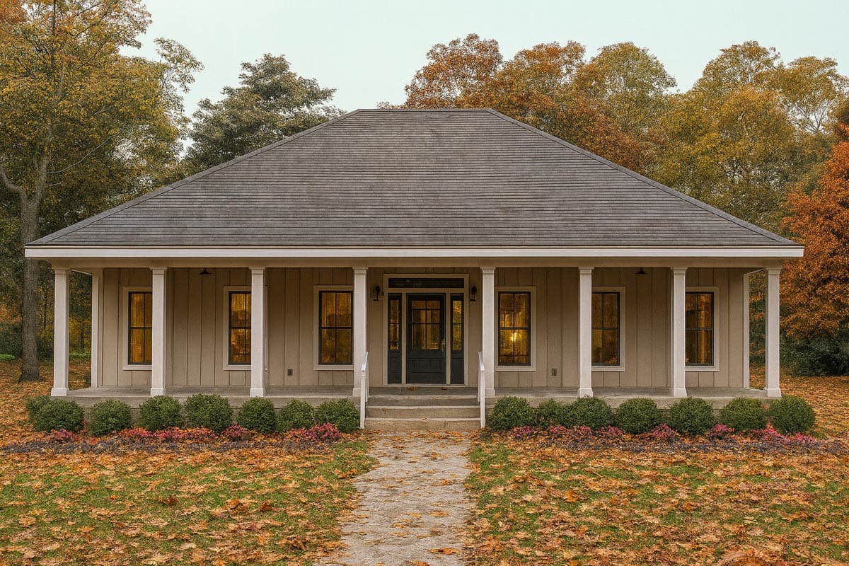 Ranch house plan exterior with a full-width porch supported by columns and a prominent gable roof.