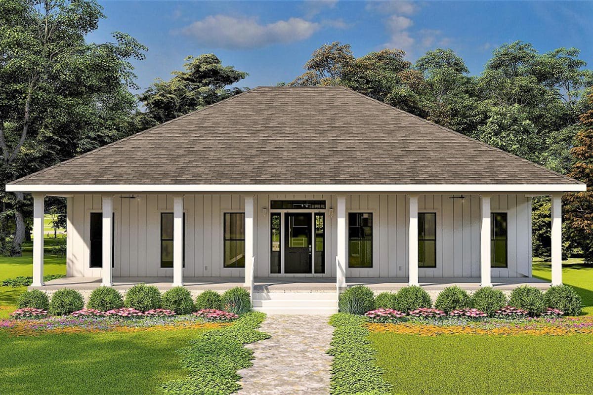 House plan exterior. Single-story home with a wraparound porch, column supports, and a gable roofline.