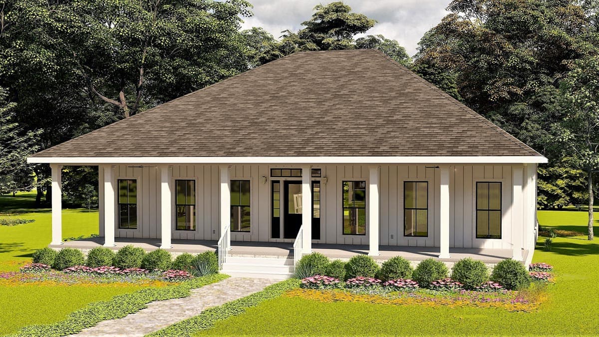 House plan exterior: single-story Modern Farmhouse with full-width porch, substantial columns, and board-and-batten siding.
