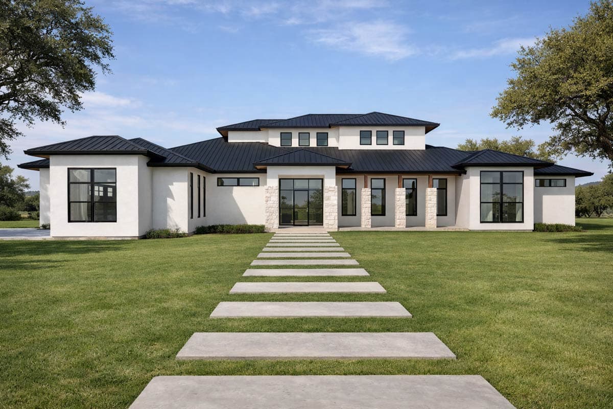 House plan exterior with modern design. Features include a low-slope roof, large windows, and stone accents at the entrance.  Two-story structure.