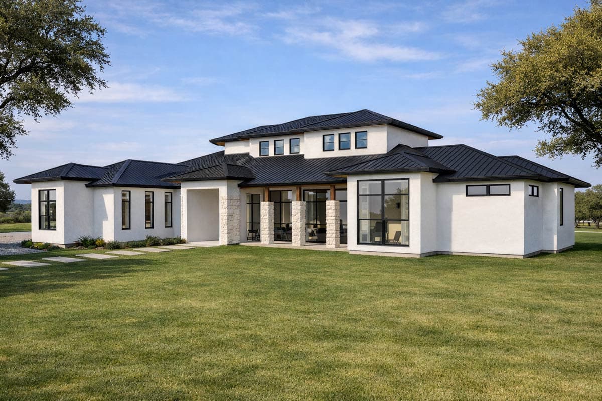Modern house plan exterior with white stucco, black metal roof, stone accents, and large black-framed windows.