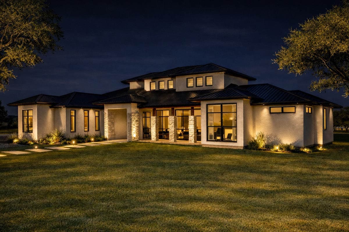 House plan exterior, one story, modern style with metal roof, stone-clad columns, and large windows.