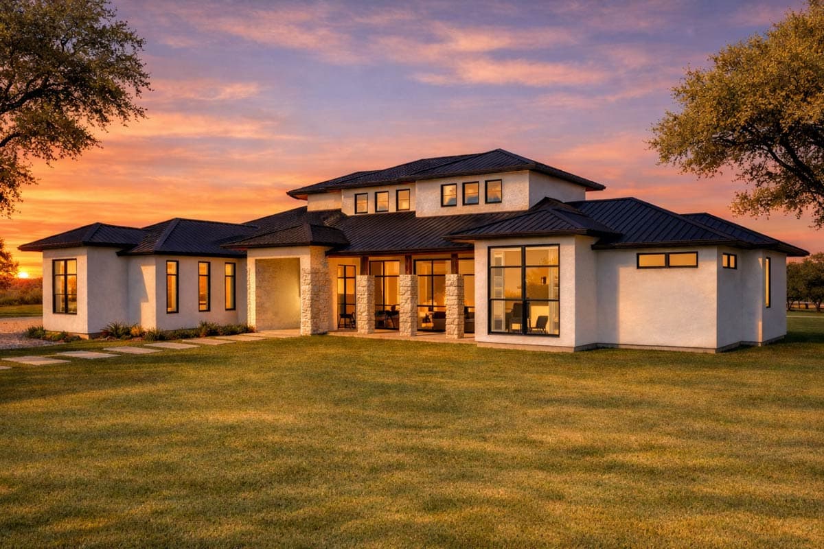 Modern house plan exterior with stucco finish, dark metal roof, stone accents, and large windows.