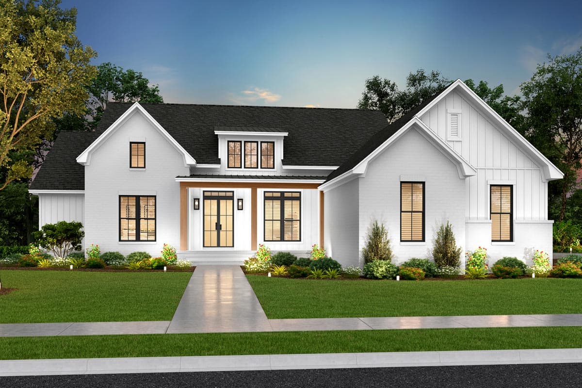 Modern Farmhouse house plan exterior with white brick, prominent gables, dormer, and covered entry with double doors.