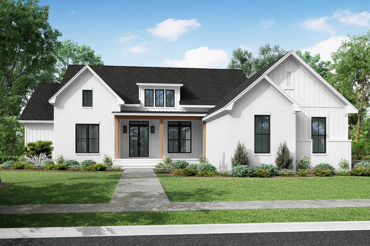 House plan exterior. Modern Farmhouse style with a single story, front porch with wood columns, multiple gables, and a dark roofline.