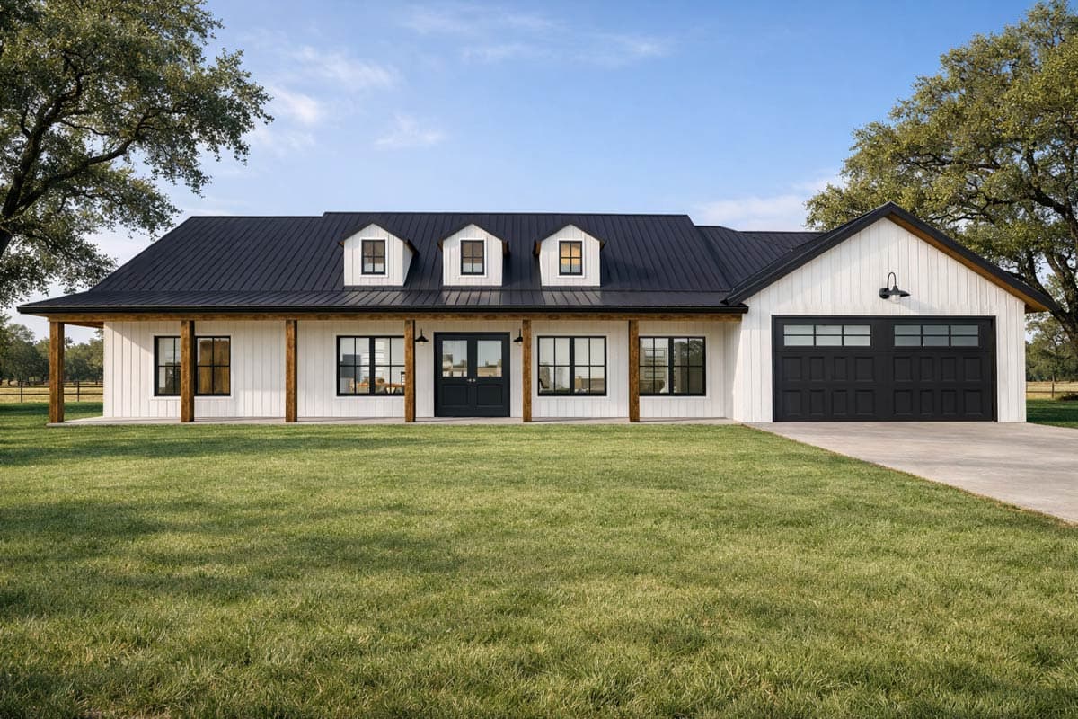 Modern Farmhouse house plan exterior with a metal roof, covered porch with wood columns, three dormers, and a side-entry garage.