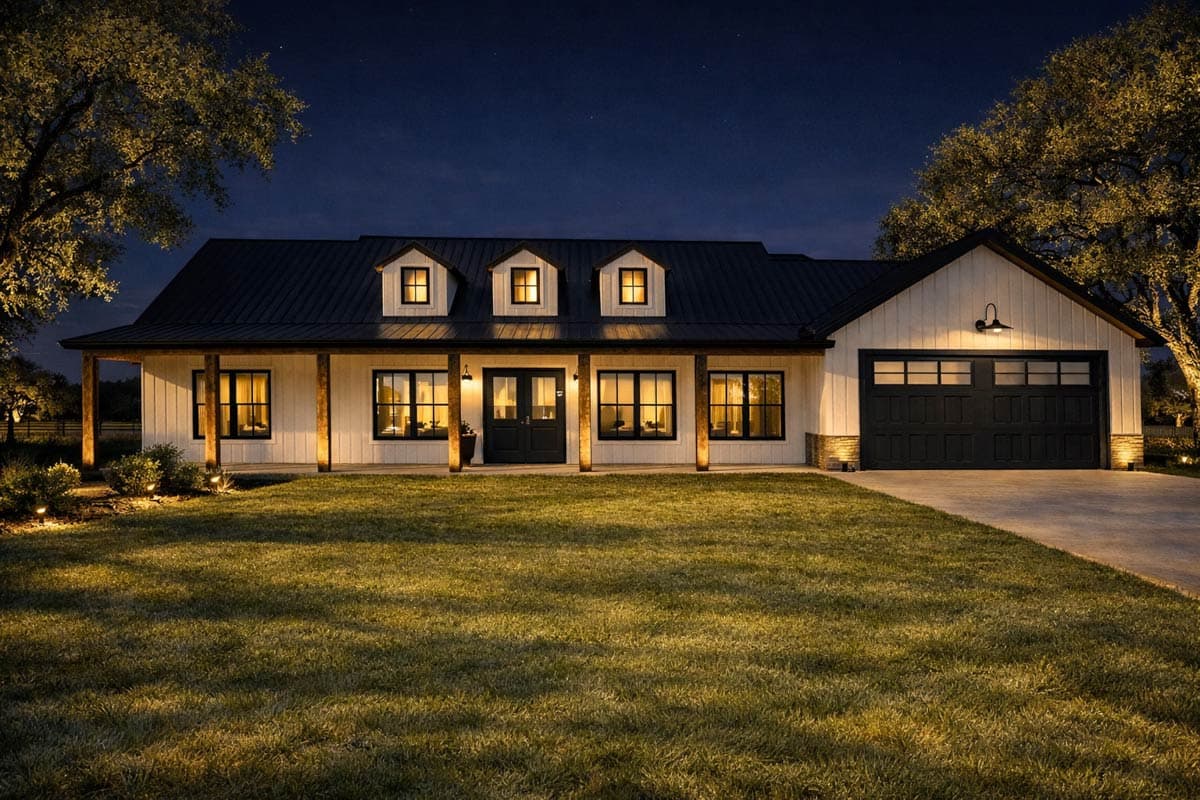Modern Farmhouse house plan exterior: one story with wrap-around porch, metal roof, three dormers, and attached garage.