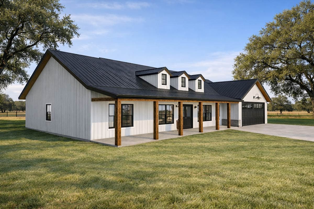 Modern Farmhouse house plan exterior with white vertical siding, black metal roof, prominent front porch with wood beams, and attached garage.