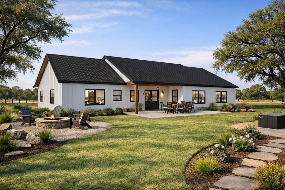 Modern Farmhouse house plan exterior with white board and batten siding, black metal roof, covered patio, and large gables.