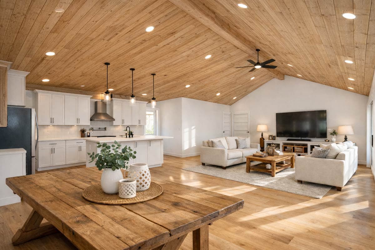 Open concept living area with vaulted wood-paneled ceiling, white kitchen with island, and seating area with fireplace.