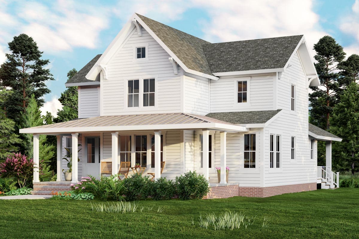 Two-story Modern Farmhouse exterior with a wrap-around porch, prominent gables, and board-and-batten siding.
