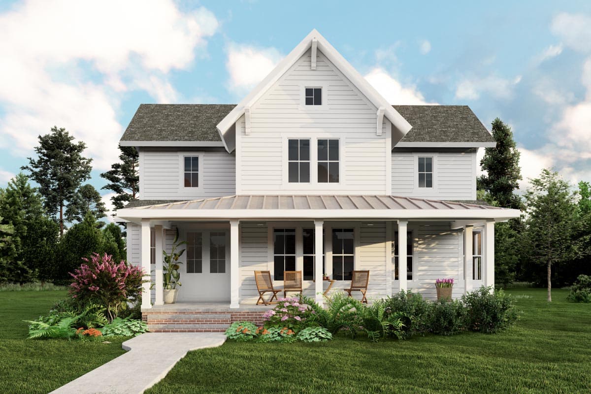Modern Farmhouse house plan exterior: two stories, prominent gable, and wide covered porch with multiple columns.