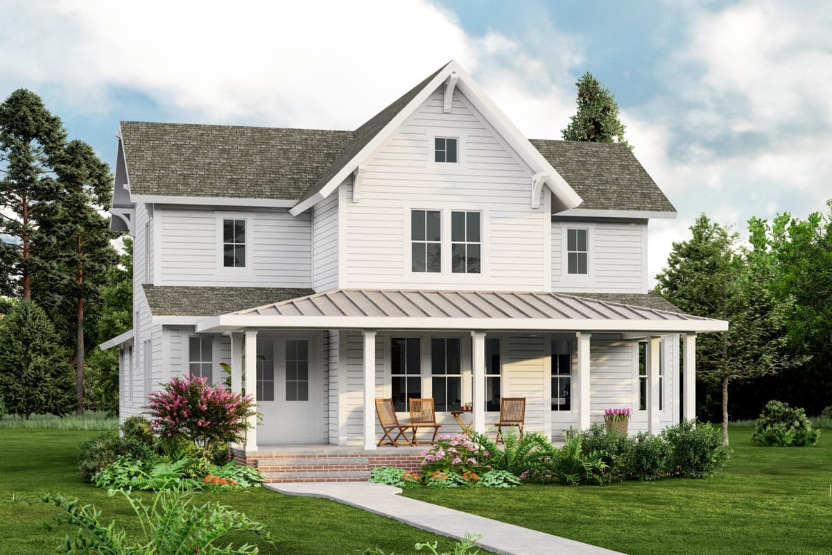 House plan exterior. Two-story Modern Farmhouse with gables, a covered porch, and a metal roof over the porch.