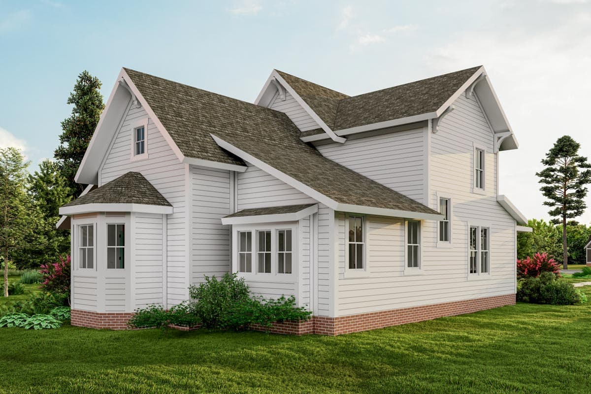 House plan exterior, two-story white siding home with gable dormers, bay window, and brick foundation.
