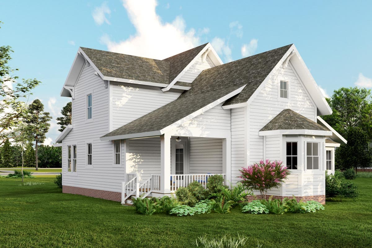 Two-story house plan exterior featuring a covered porch, multiple gables, and a bay window.