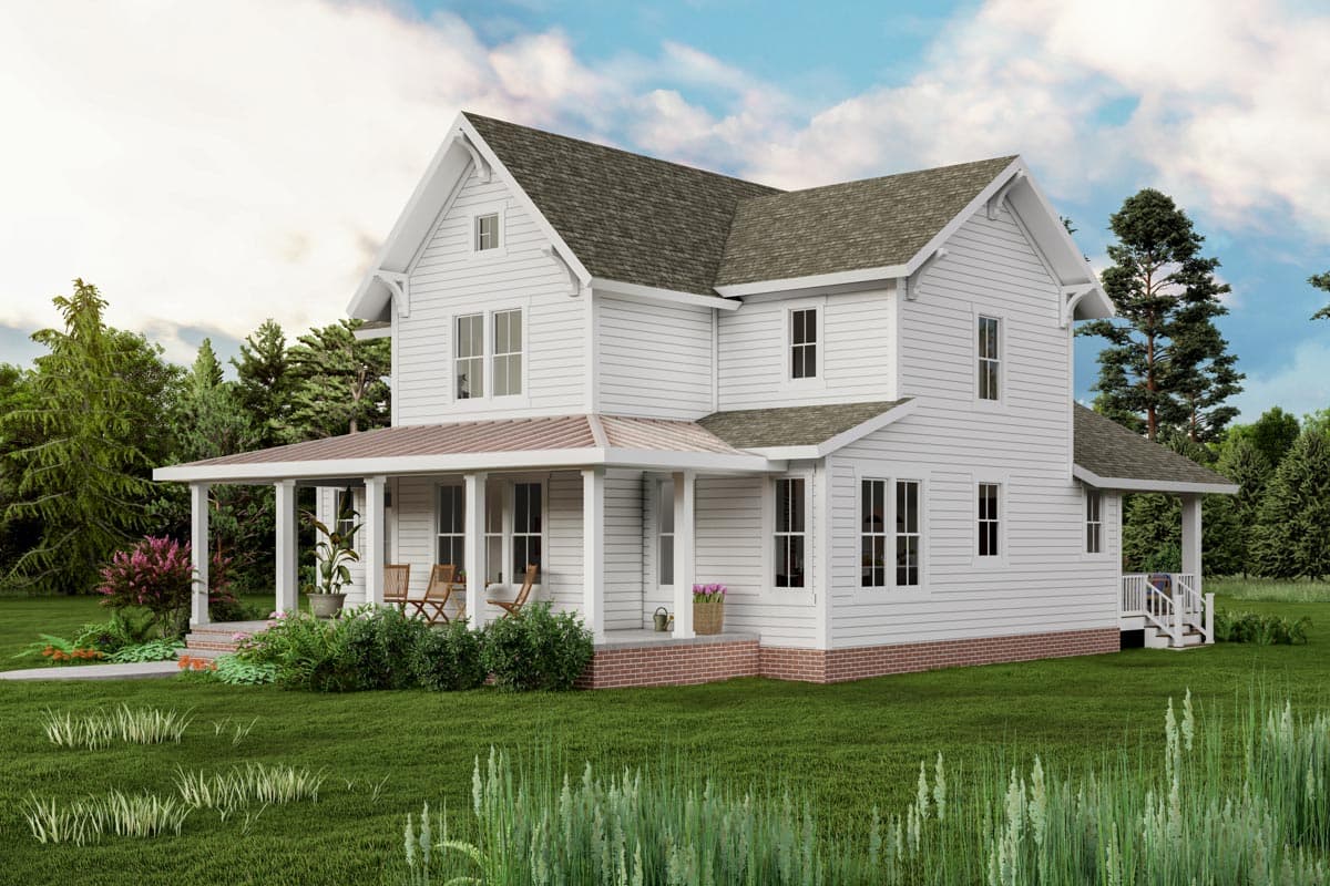 Two-story Modern Farmhouse exterior with wraparound porch, gable accents, and white horizontal siding.